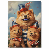 Mother Chow Chow with Three Puppies in Patriotic Outfits and Party Hats on Ready to Hang 1.5" Thick Canvas Wrap, Floating Framed Canvas, Flat Rolled Canvas